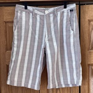 Vans Men's chino style shorts, white with gray, black and red stripes. Size 32